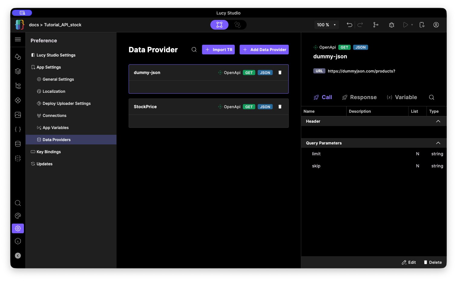 Data Providerの設定画面