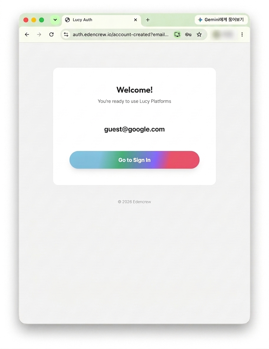 サインアップ完了後、WelcomeメッセージとGo to Sign Inボタンが表示された確認画面
